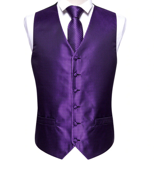 Men's Purple Plaid Silk Vest Necktie Pocket square Cufflinks.MJ-2026 - SimonVon Shop