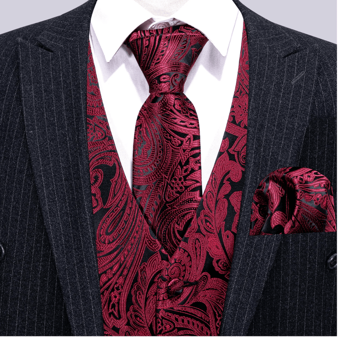 Men's Red Black Paisley Silk Vest Necktie Pocket square Cufflinks-MJ-2680 - SimonVon Shop