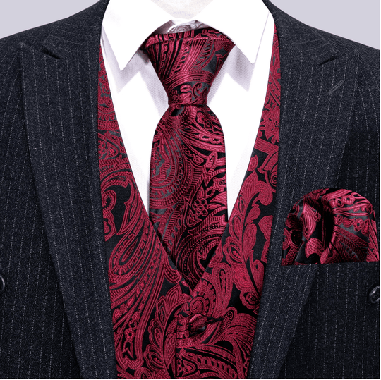Men's Red Black Paisley Silk Vest Necktie Pocket square Cufflinks-MJ-2680 - SimonVon Shop
