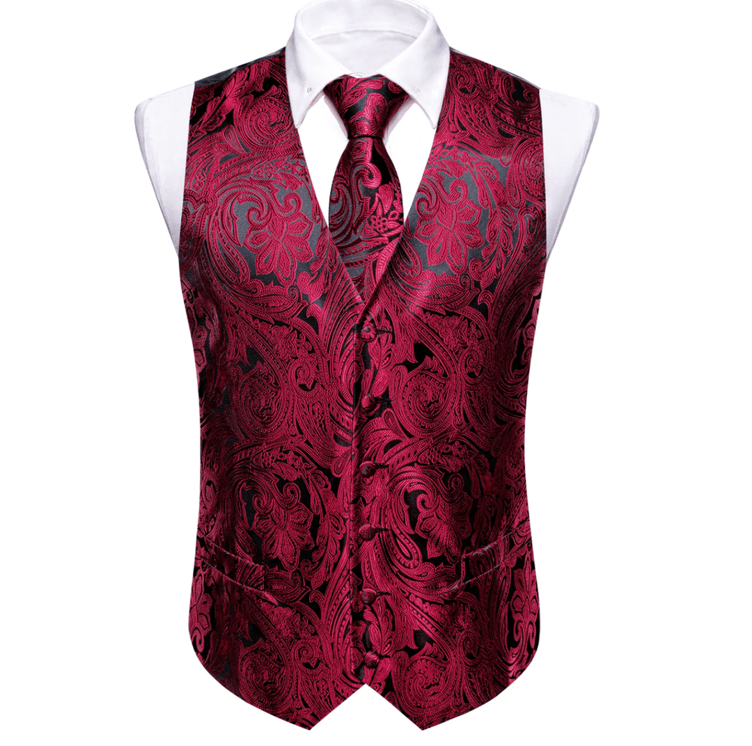 Men's Red Black Paisley Silk Vest Necktie Pocket square Cufflinks-MJ-2680 - SimonVon Shop