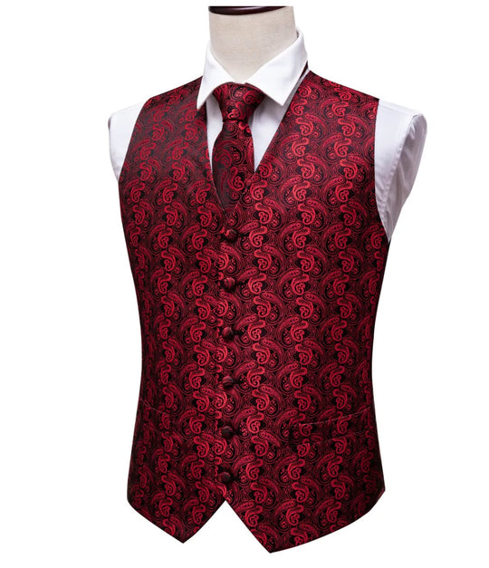 Men's Red Floral Silk Vest Necktie Pocket square Cufflinks- MJ2081 - SimonVon Shop