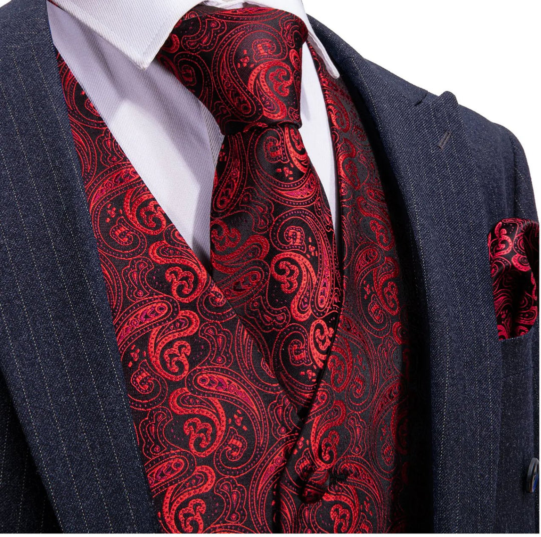 Men's Red Floral Silk Vest Necktie Pocket square Cufflinks- MJ2081 - SimonVon Shop