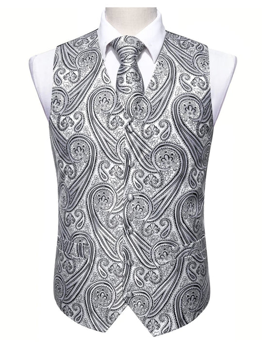 Men's Silver Black Paisley Silk Vest Necktie Pocket square Cufflinks-MJ-2090 - SimonVon Shop