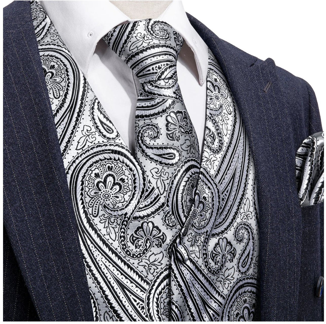 Men's Silver Black Paisley Silk Vest Necktie Pocket square Cufflinks-MJ-2090 - SimonVon Shop