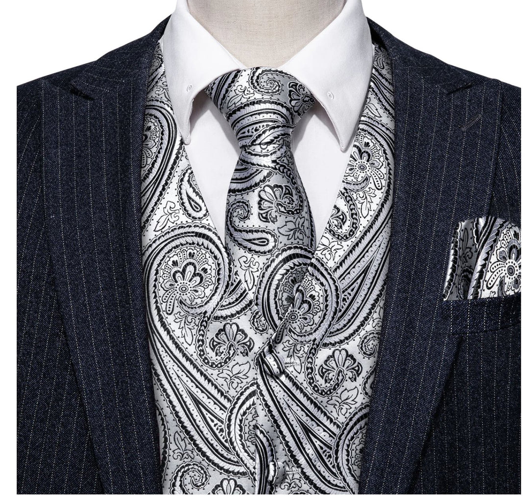 Men's Silver Black Paisley Silk Vest Necktie Pocket square Cufflinks-MJ-2090 - SimonVon Shop