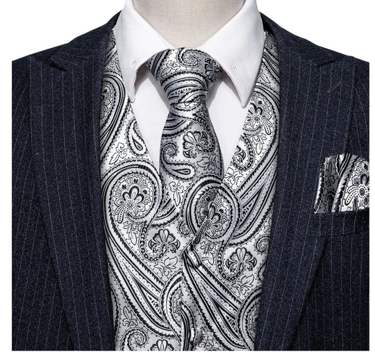 Men's Silver Black Paisley Silk Vest Necktie Pocket square Cufflinks-MJ-2090 - SimonVon Shop