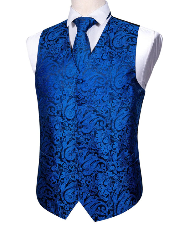 Men's Teal Blue Black Paisley Silk Vest Necktie Pocket square Cufflinks- MJ-2091 - SimonVon Shop
