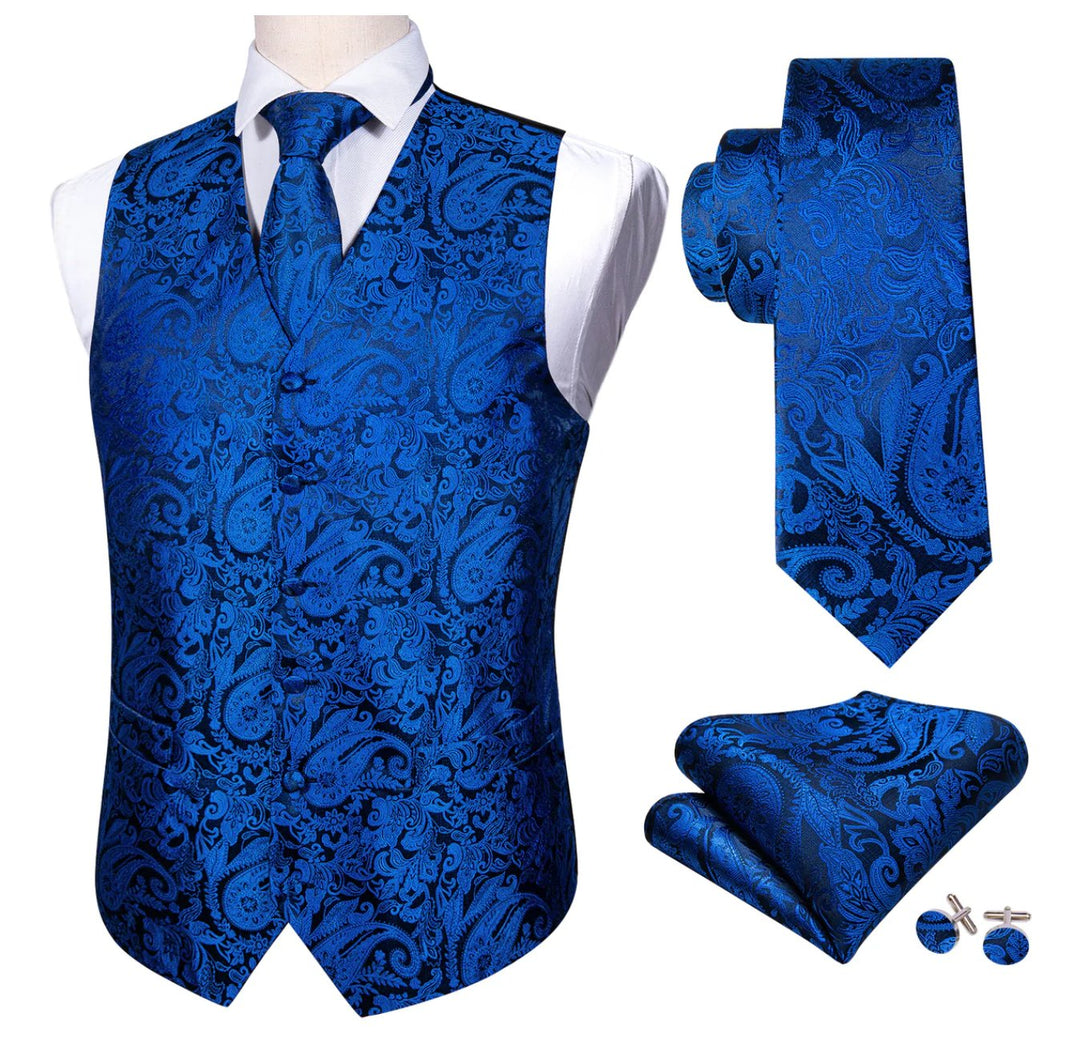Men's Teal Blue Black Paisley Silk Vest Necktie Pocket square Cufflinks- MJ-2091 - SimonVon Shop