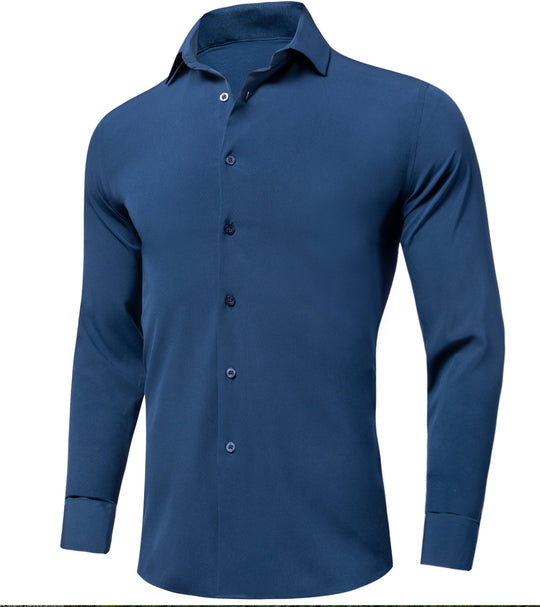 New Blue Solid Stretch Men's Long Sleeve Shirt-CY-1057 - SimonVon Shop