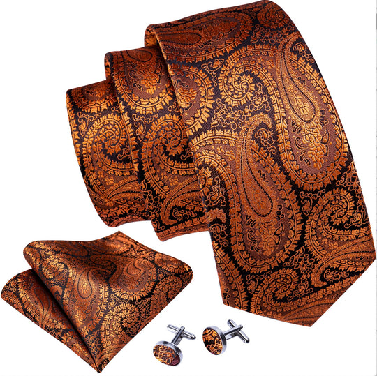 New Brown Black Paisley Silk Tie Hanky Cufflinks Set-N-5315 - SimonVon Shop