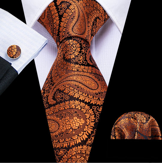 New Brown Black Paisley Silk Tie Hanky Cufflinks Set-N-5315 - SimonVon Shop