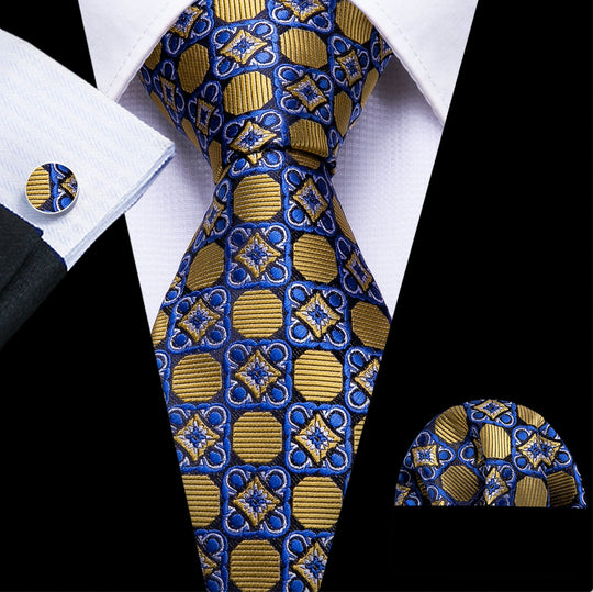 New Brown Blue Floral Geometric Silk Tie Hanky Cufflinks Set-N-5336 - SimonVon Shop