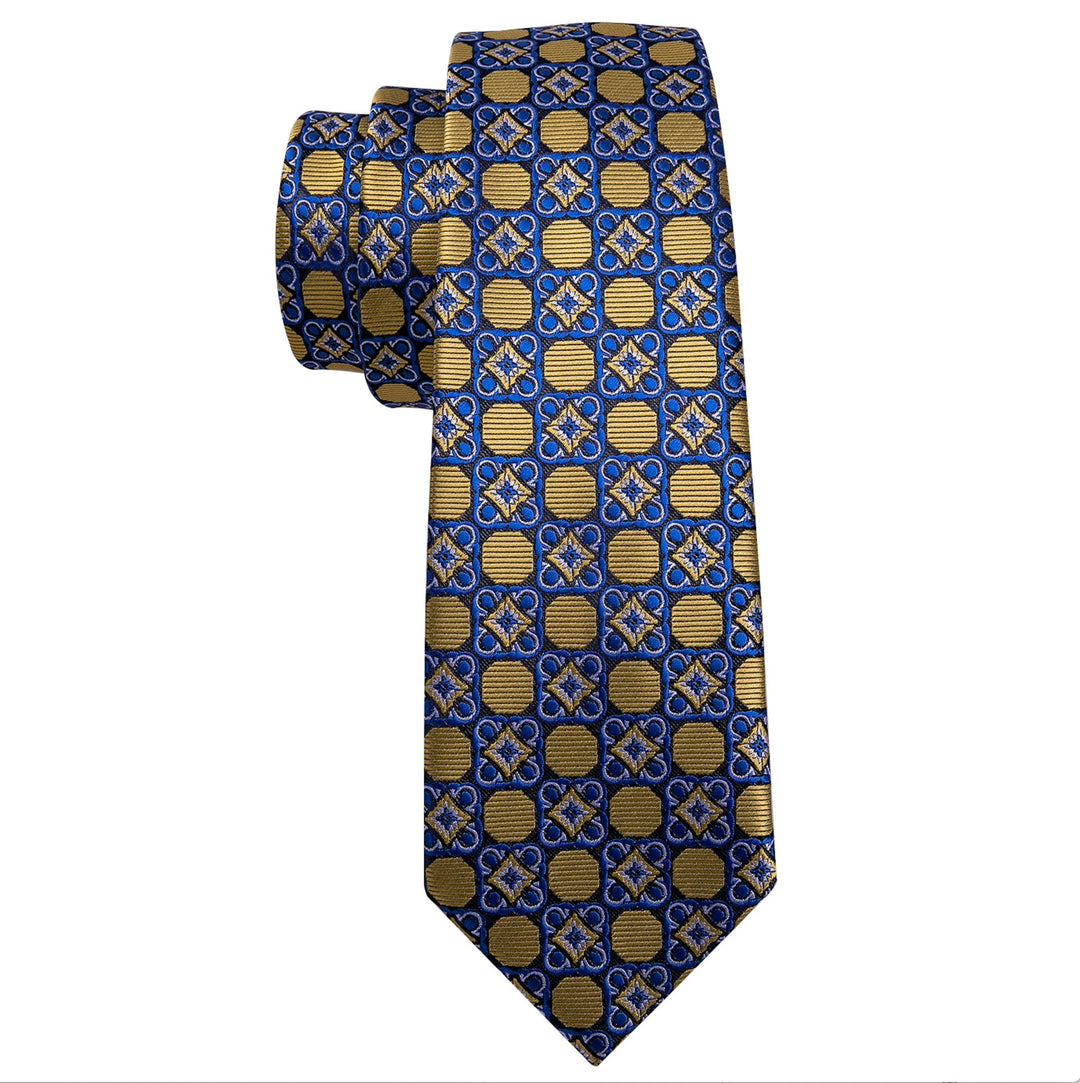 New Brown Blue Floral Geometric Silk Tie Hanky Cufflinks Set-N-5336 - SimonVon Shop
