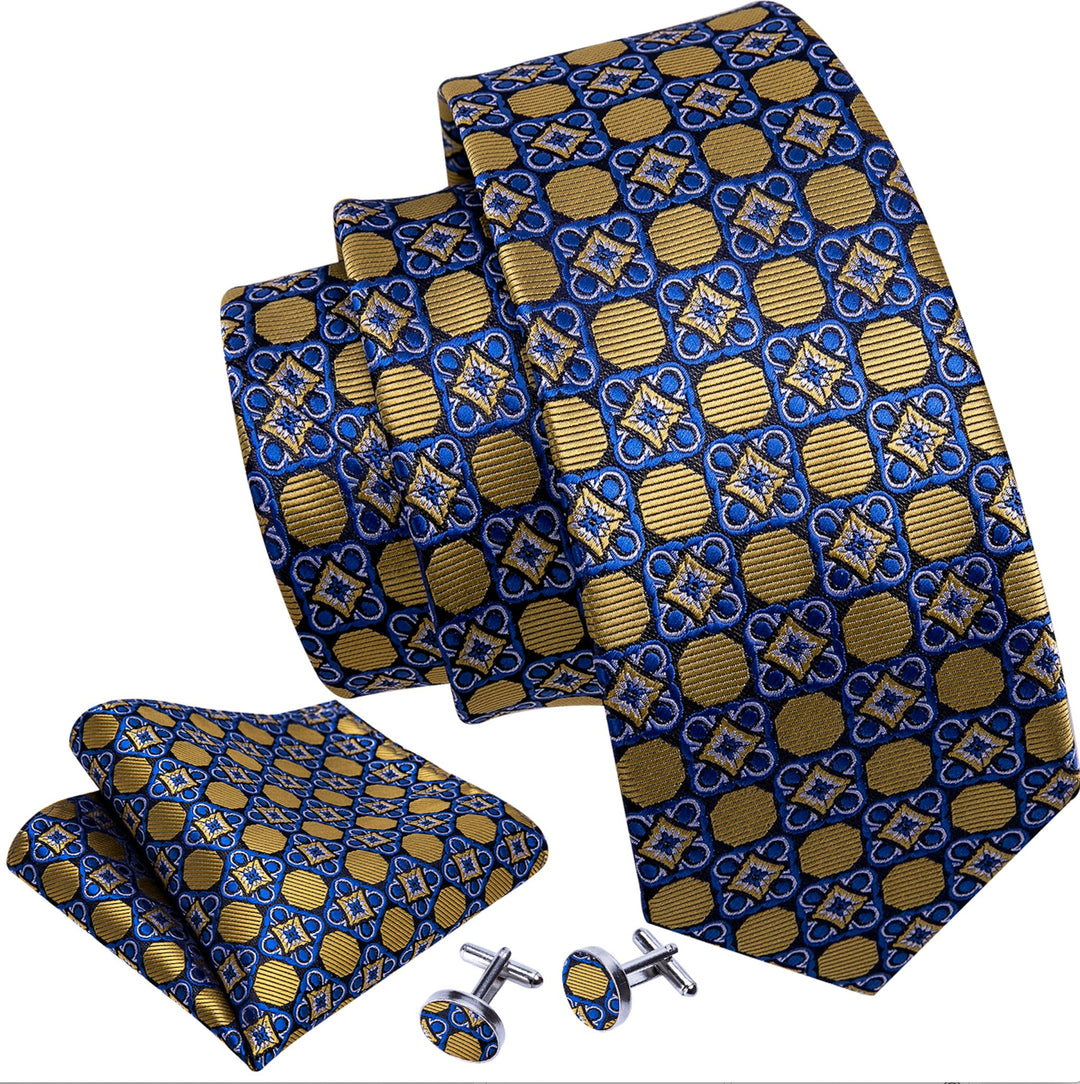 New Brown Blue Floral Geometric Silk Tie Hanky Cufflinks Set-N-5336 - SimonVon Shop