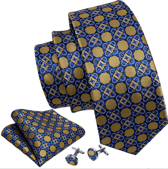 New Brown Blue Floral Geometric Silk Tie Hanky Cufflinks Set-N-5336 - SimonVon Shop
