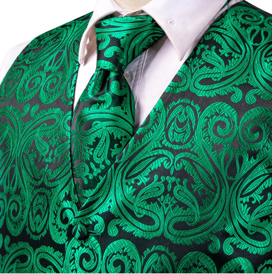 New Green Paisley Silk Men's Vest Hanky Cufflinks Tie Set Waistcoat Suit Set-MJ-0048 - SimonVon Shop