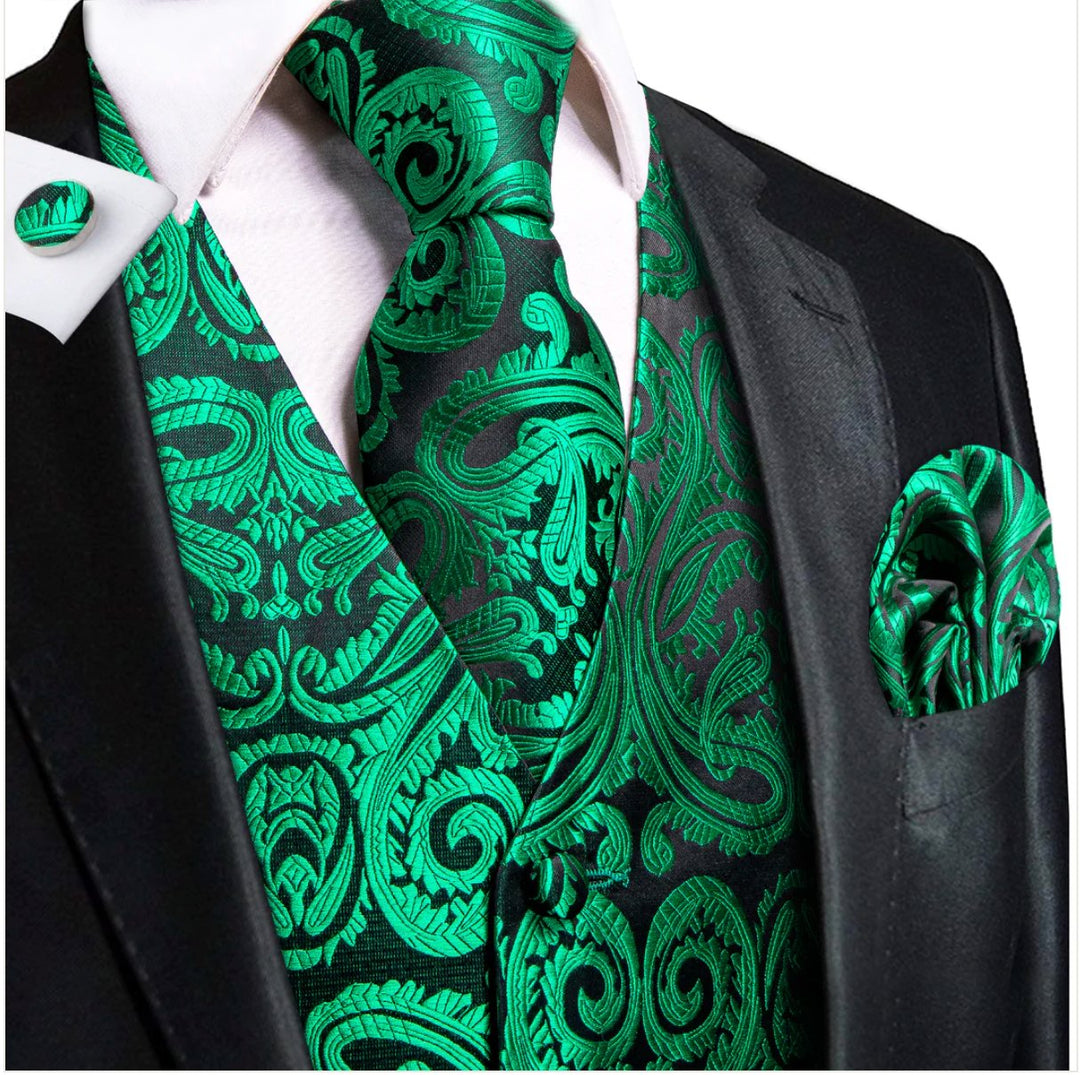 New Green Paisley Silk Men's Vest Hanky Cufflinks Tie Set Waistcoat Suit Set-MJ-0048 - SimonVon Shop