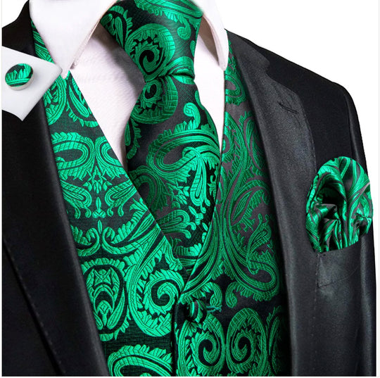 New Green Paisley Silk Men's Vest Hanky Cufflinks Tie Set Waistcoat Suit Set-MJ-0048 - SimonVon Shop