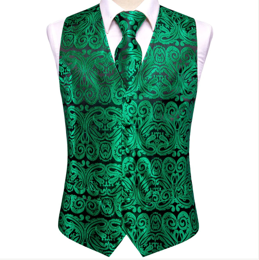 New Green Paisley Silk Men's Vest Hanky Cufflinks Tie Set Waistcoat Suit Set-MJ-0048 - SimonVon Shop