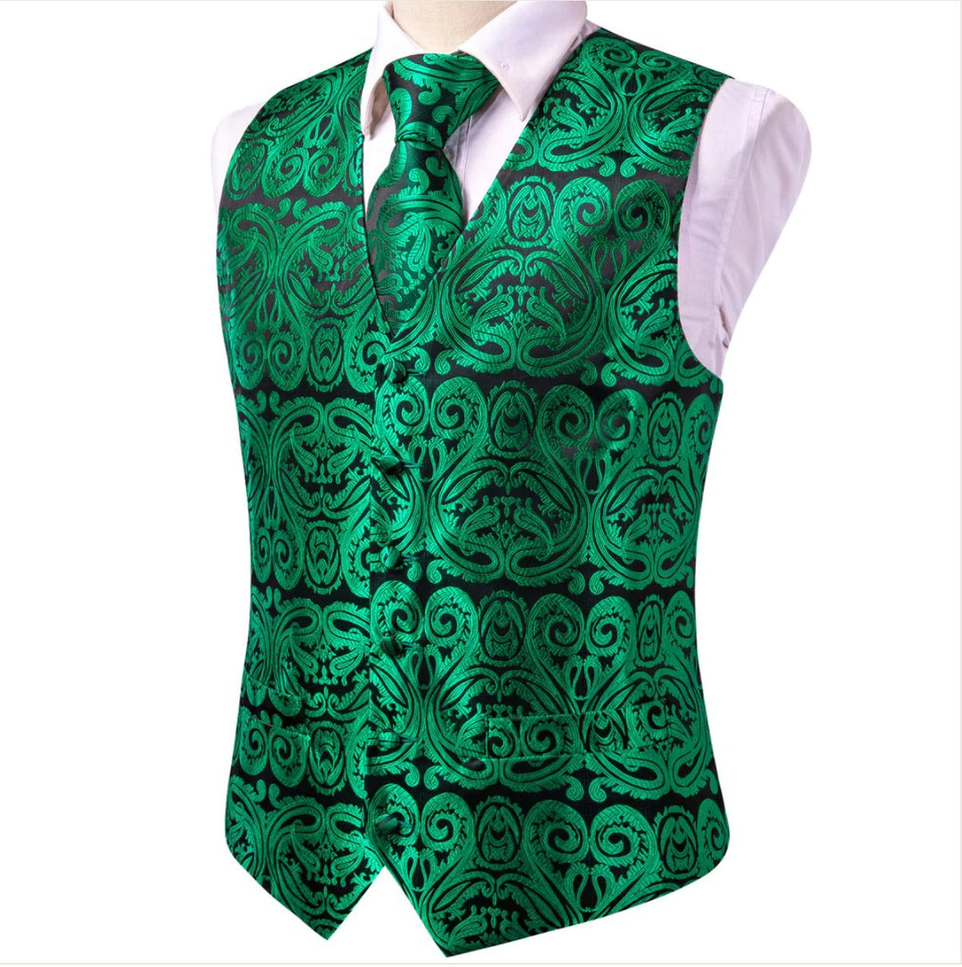 New Green Paisley Silk Men's Vest Hanky Cufflinks Tie Set Waistcoat Suit Set-MJ-0048 - SimonVon Shop