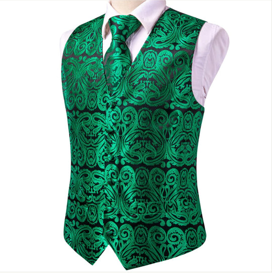 New Green Paisley Silk Men's Vest Hanky Cufflinks Tie Set Waistcoat Suit Set-MJ-0048 - SimonVon Shop