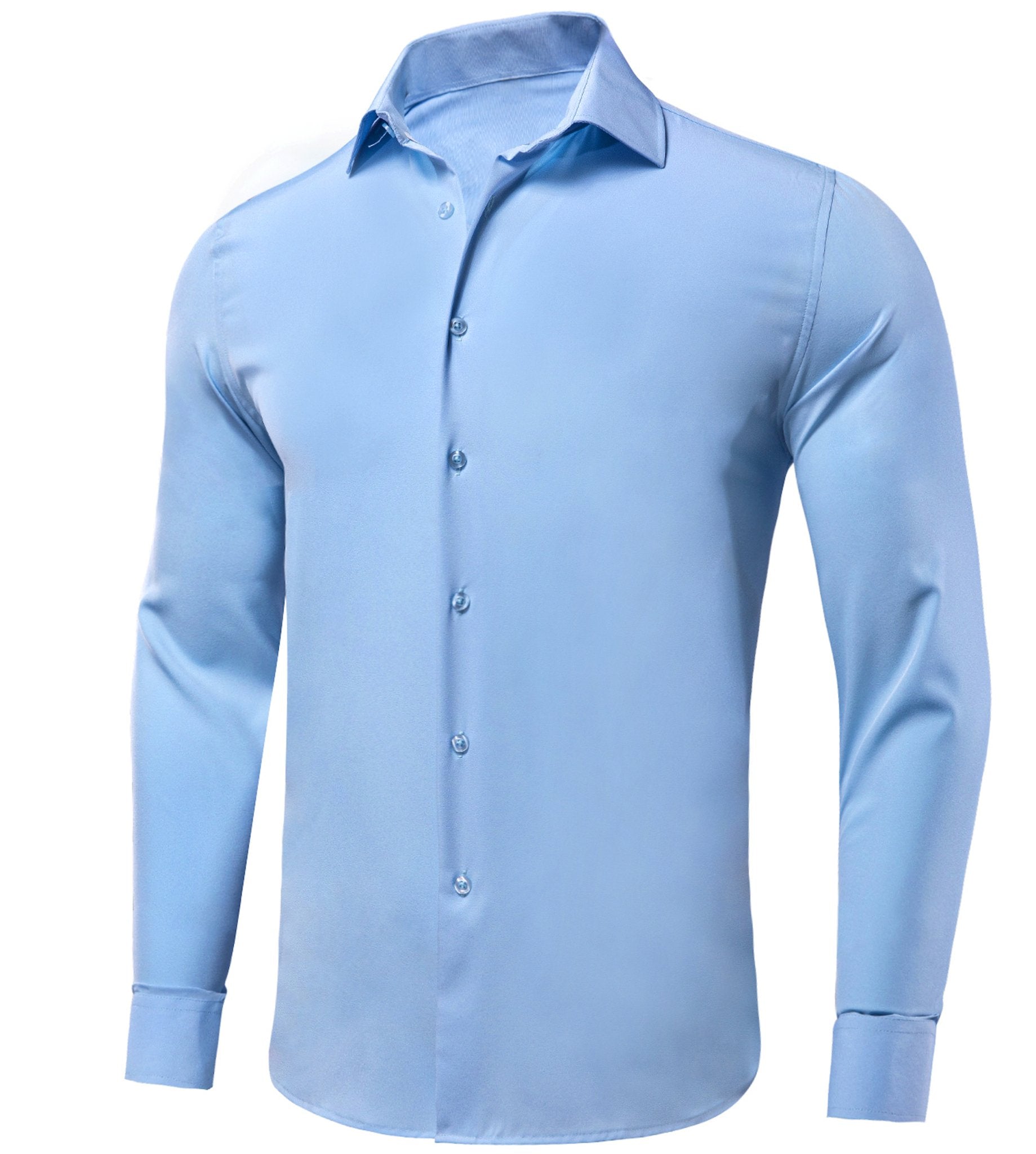New Light Blue Solid Stretch Men's Long Sleeve Shirt-CY-1056 - SimonVon Shop