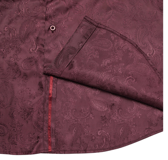 New Maroon Paisley Silk Men's Long Sleeve Shirt-CY-1014 - SimonVon Shop