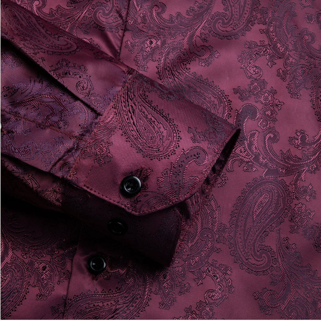 New Maroon Paisley Silk Men's Long Sleeve Shirt-CY-1014 - SimonVon Shop
