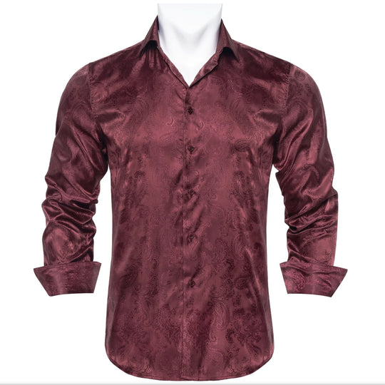 New Maroon Paisley Silk Men's Long Sleeve Shirt-CY-1014 - SimonVon Shop