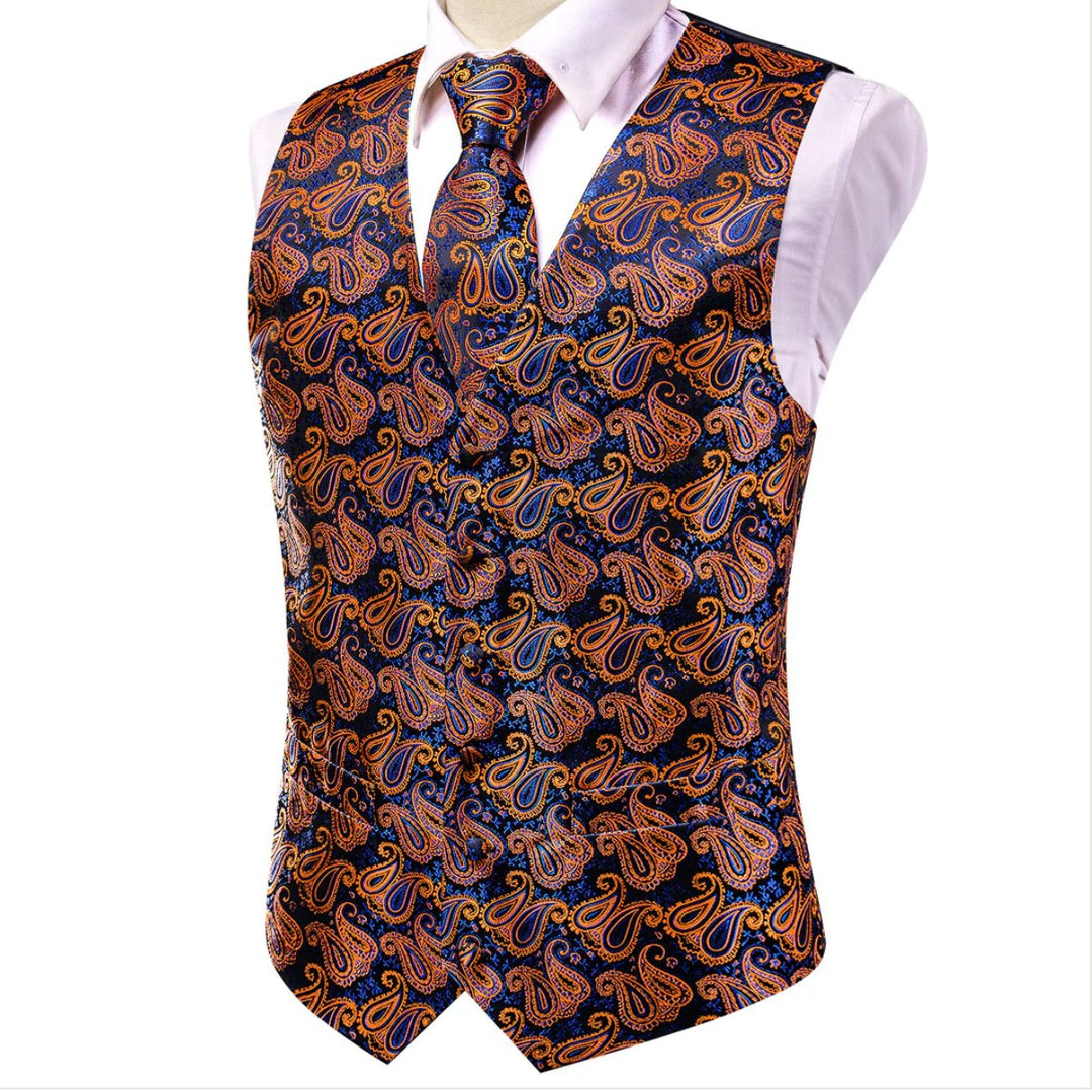 New Orange Blue Paisley Silk Men's Vest Hanky Cufflinks Tie Set Waistcoat Suit Set-MJ-3030 - SimonVon Shop