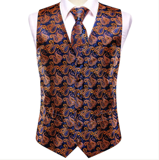 New Orange Blue Paisley Silk Men's Vest Hanky Cufflinks Tie Set Waistcoat Suit Set-MJ-3030 - SimonVon Shop