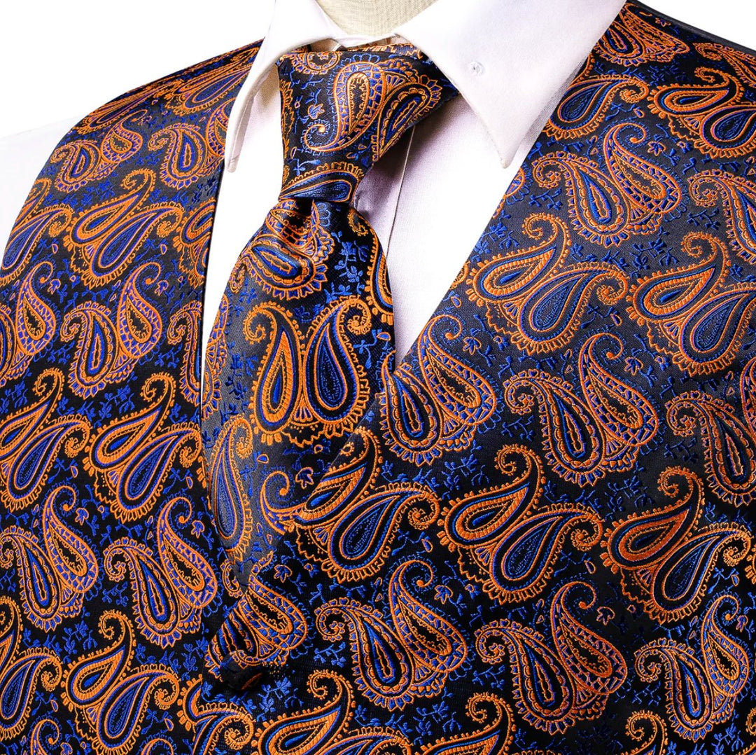 New Orange Blue Paisley Silk Men's Vest Hanky Cufflinks Tie Set Waistcoat Suit Set-MJ-3030 - SimonVon Shop