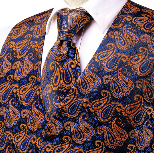 New Orange Blue Paisley Silk Men's Vest Hanky Cufflinks Tie Set Waistcoat Suit Set-MJ-3030 - SimonVon Shop