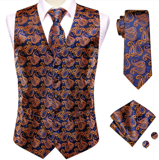 New Orange Blue Paisley Silk Men's Vest Hanky Cufflinks Tie Set Waistcoat Suit Set-MJ-3030 - SimonVon Shop