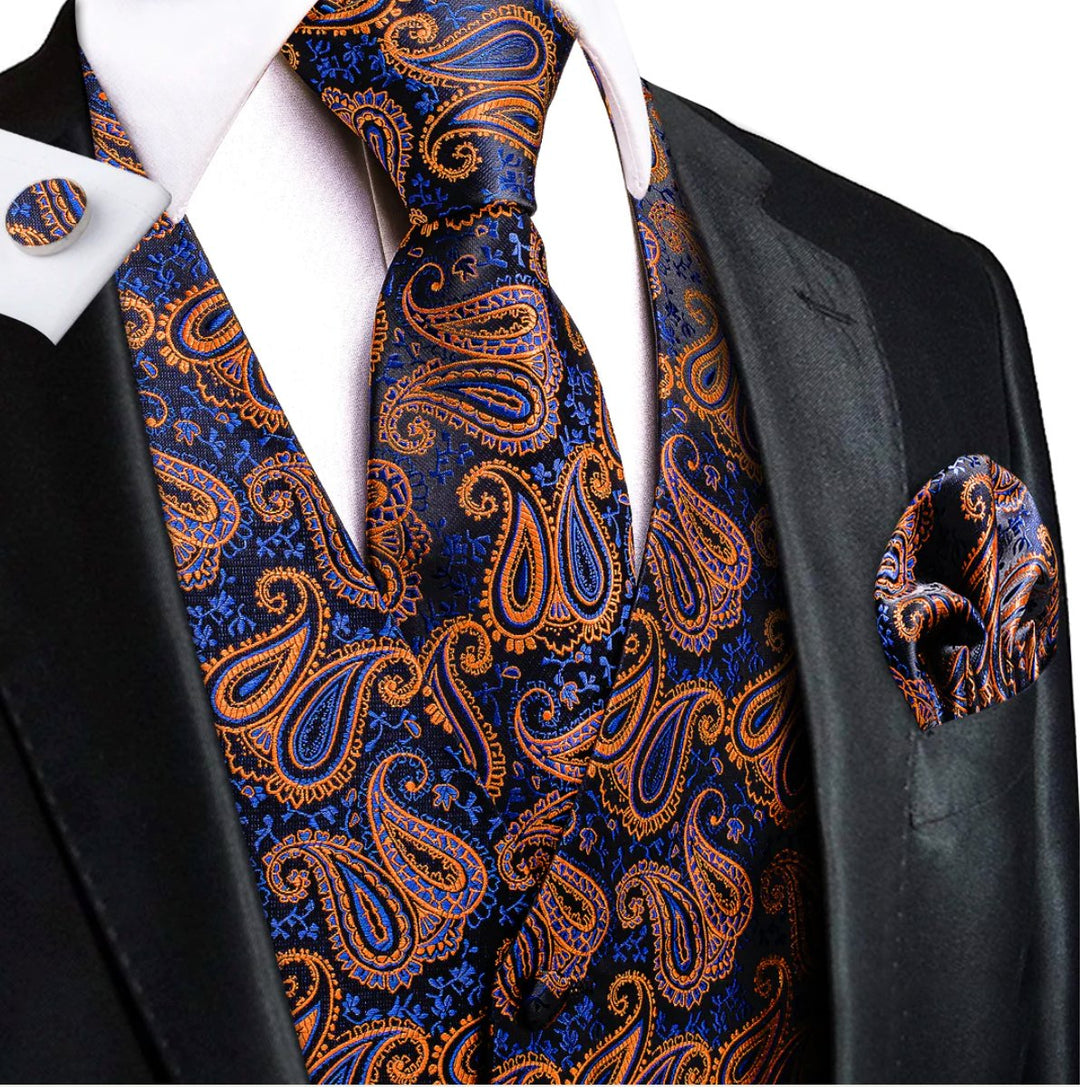 New Orange Blue Paisley Silk Men's Vest Hanky Cufflinks Tie Set Waistcoat Suit Set-MJ-3030 - SimonVon Shop
