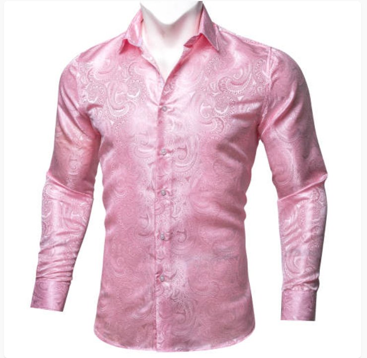 New Pink Paisley Silk Men's Long Sleeve Shirt Casual- CY-0611 - SimonVon Shop
