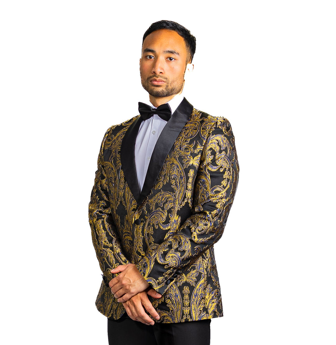 New Simon Von Men'sGolden Blue Black Paisley Jacquard Blazer Elegant Banquet Wedding Jacket-XX-1009 - SimonVon Shop