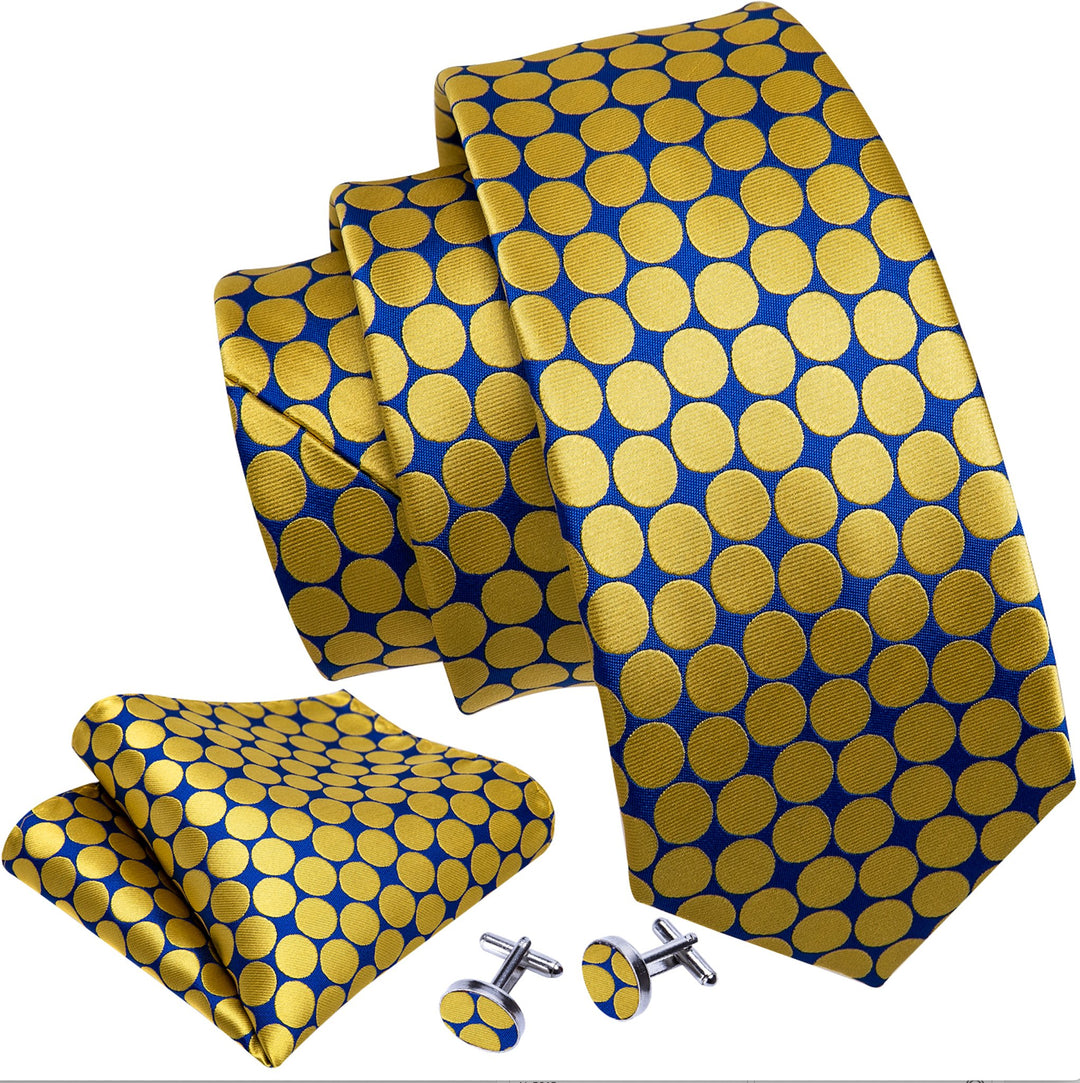 New Yellow Blue Polka Dot Silk Tie Hanky Cufflinks Set-N-5333 - SimonVon Shop