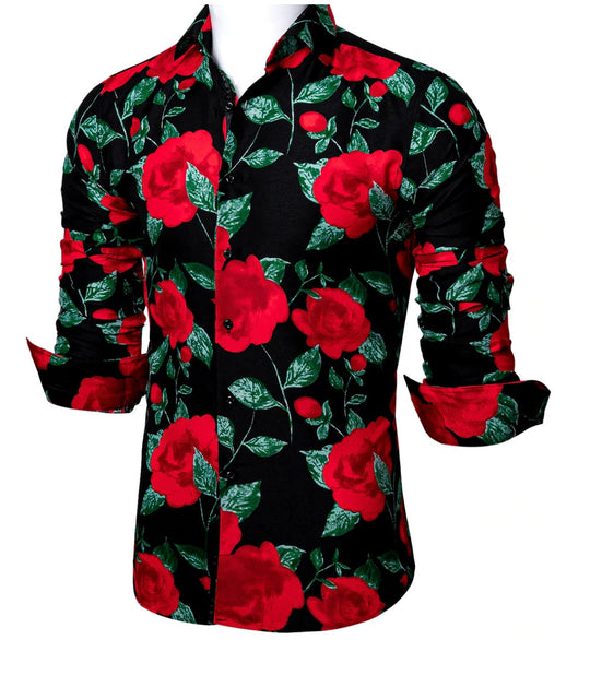 Novelty Black Red Green Floral Shirt.CY-0111 - SimonVon Shop