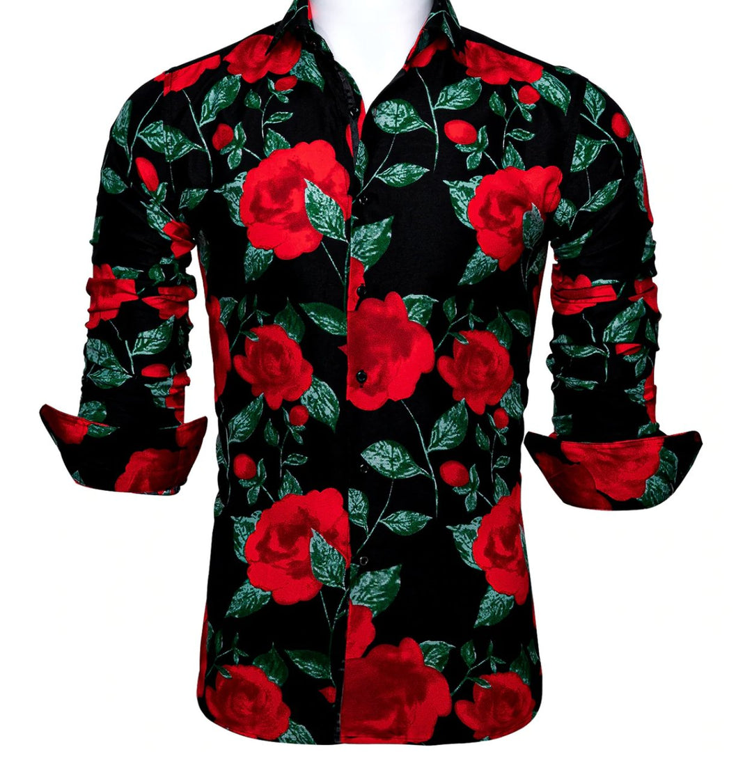 Novelty Black Red Green Floral Shirt.CY-0111 - SimonVon Shop