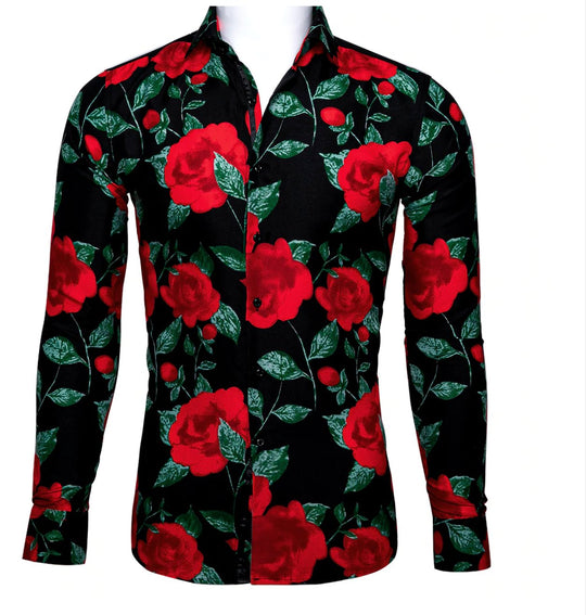 Novelty Black Red Green Floral Shirt.CY-0111 - SimonVon Shop
