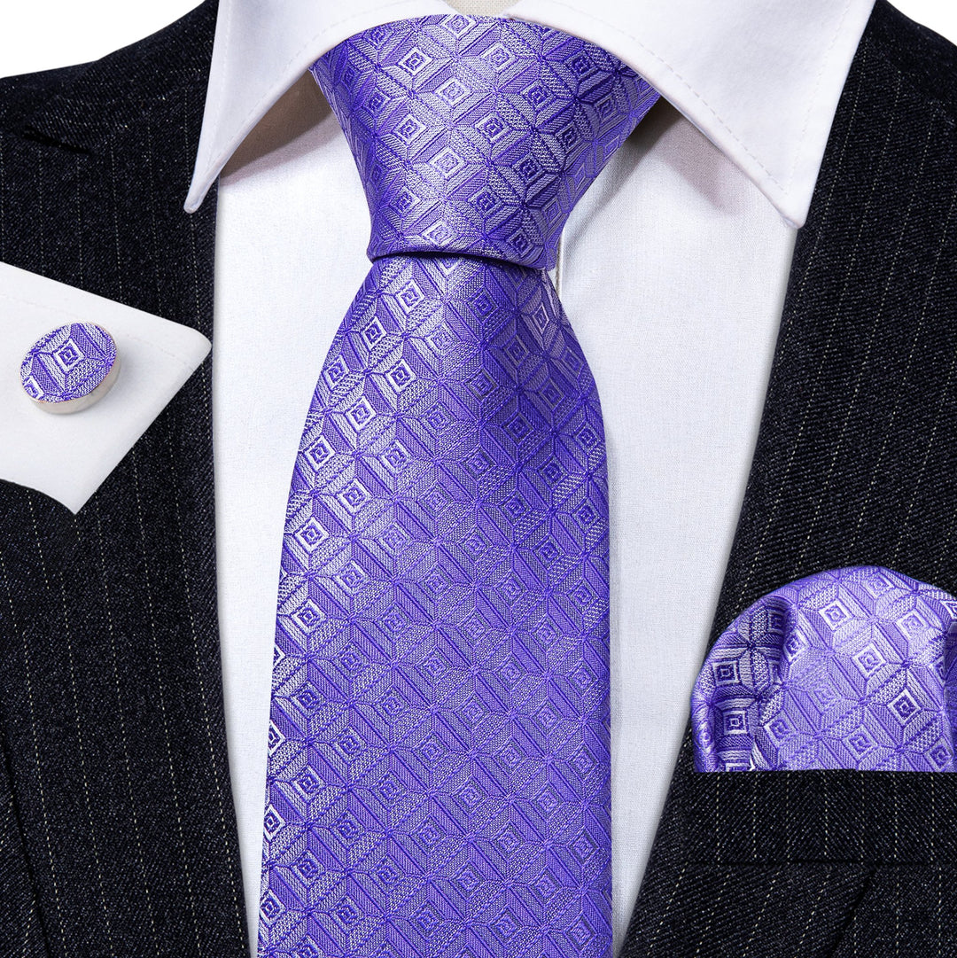 Novelty Light Purple Plaid Silk Tie Handkerchief Cufflinks Set-N-6233 - SimonVon Shop