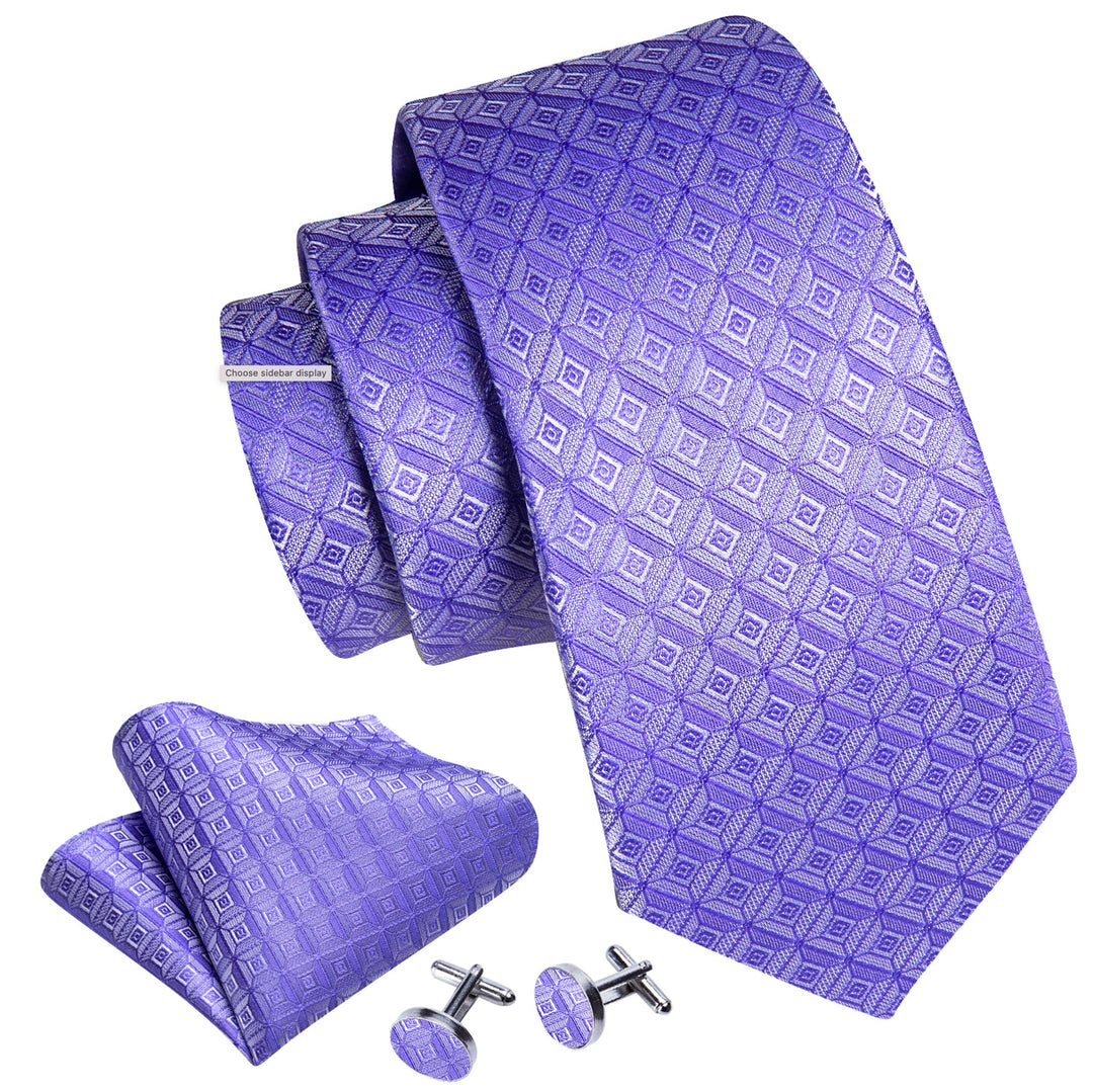 Novelty Light Purple Plaid Silk Tie Handkerchief Cufflinks Set-N-6233 - SimonVon Shop
