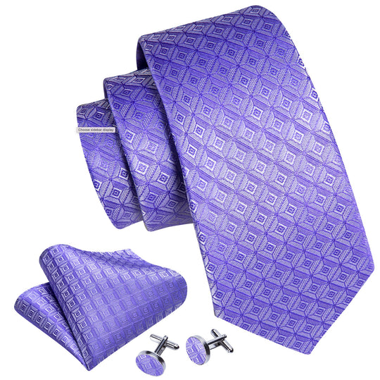 Novelty Light Purple Plaid Silk Tie Handkerchief Cufflinks Set-N-6233 - SimonVon Shop