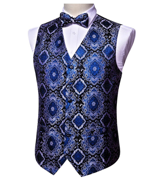 Novelty Men's Blue Black Geometry Paisley Silk Vest Bowie Pocket square Cufflinks-MJ-2505 - SimonVon Shop