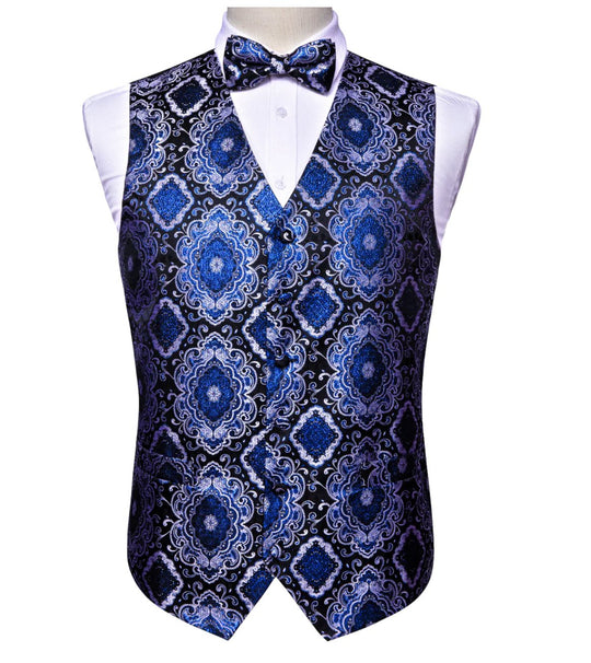 Novelty Men's Blue Black Geometry Paisley Silk Vest Bowie Pocket square Cufflinks-MJ-2505 - SimonVon Shop