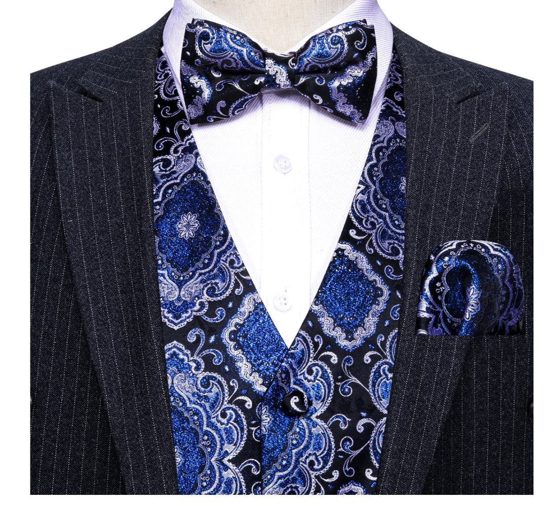 Novelty Men's Blue Black Geometry Paisley Silk Vest Bowie Pocket square Cufflinks-MJ-2505 - SimonVon Shop