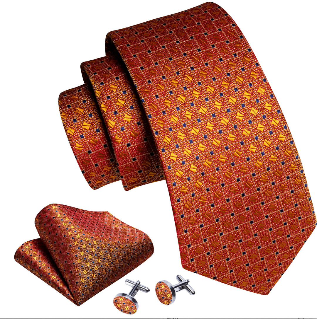 Novelty Orange Blue Plaid Silk Tie Pocket Square Cufflinks Set- N-6406 - SimonVon Shop