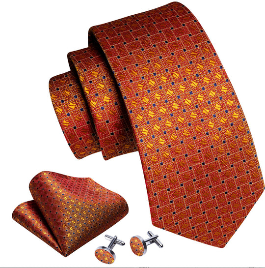 Novelty Orange Blue Plaid Silk Tie Pocket Square Cufflinks Set- N-6406 - SimonVon Shop