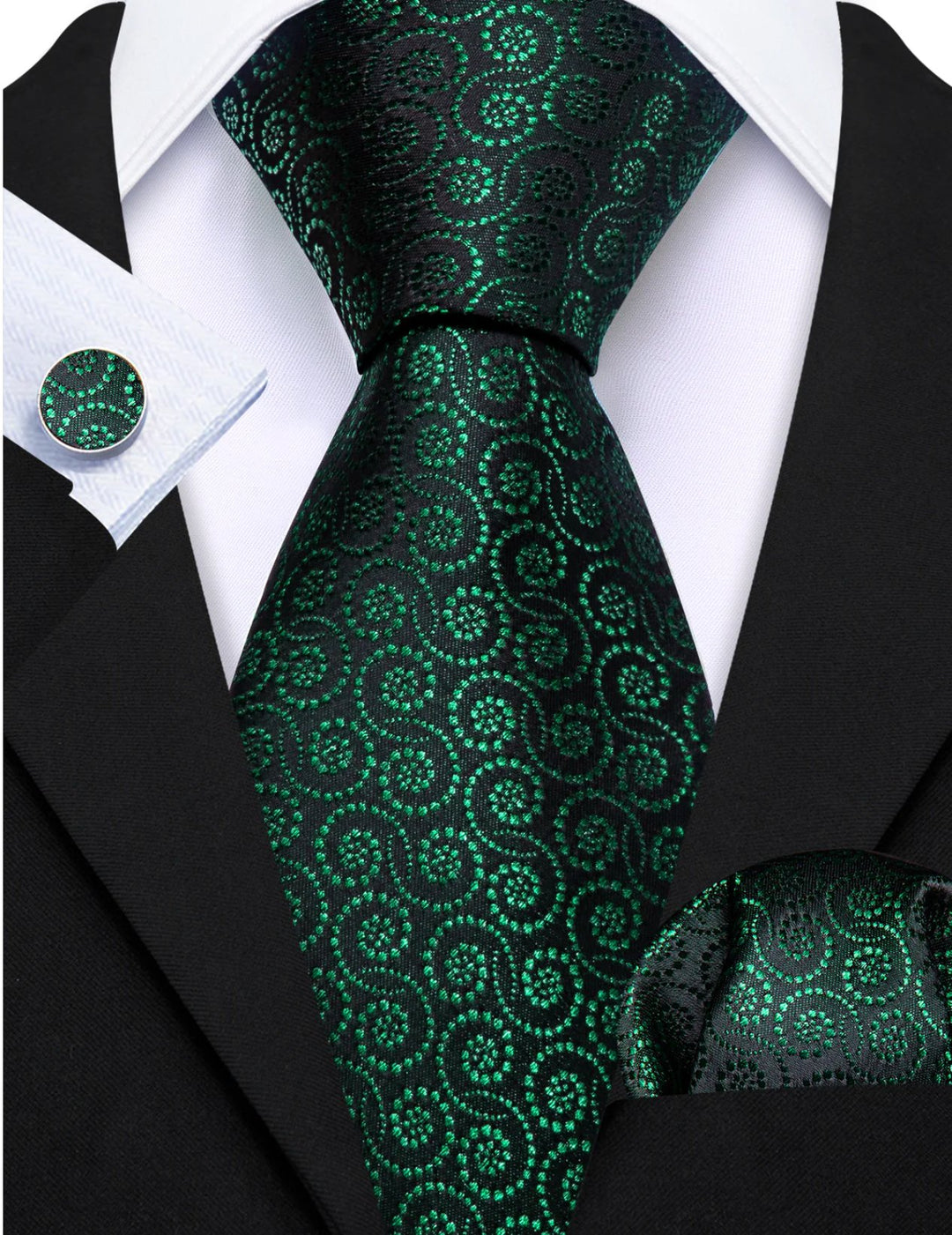 Novetly Green Floral Silk Tie Handkerchief Cufflinks Set- N6551 - SimonVon Shop